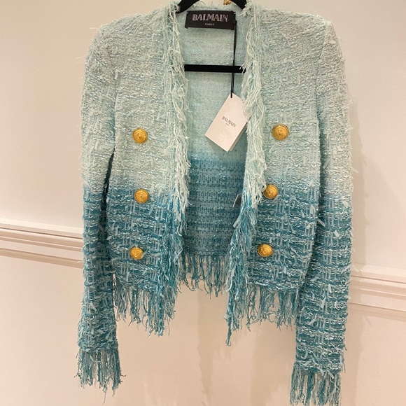 Balmain Fringe Dip Dye Tweed Jacket In Blue - Picture 7 of 9